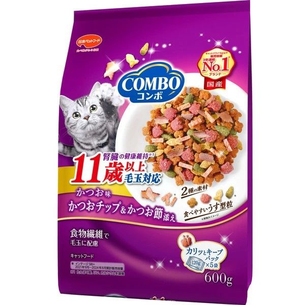 同梱不可 12個セット 日本ペットフード コンボキャット毛玉対応11歳以上かつお味 かつおチップ かつお節添え600g