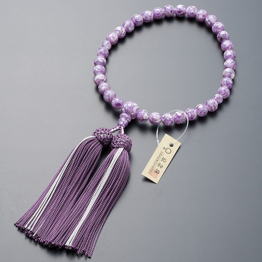 女性用 数珠 ラベンダーシェル 8mm玉 京念珠 正絹頭付房 滝田商店 数珠袋付 すべての宗派で使える女性用数珠 仏壇屋 証明書付