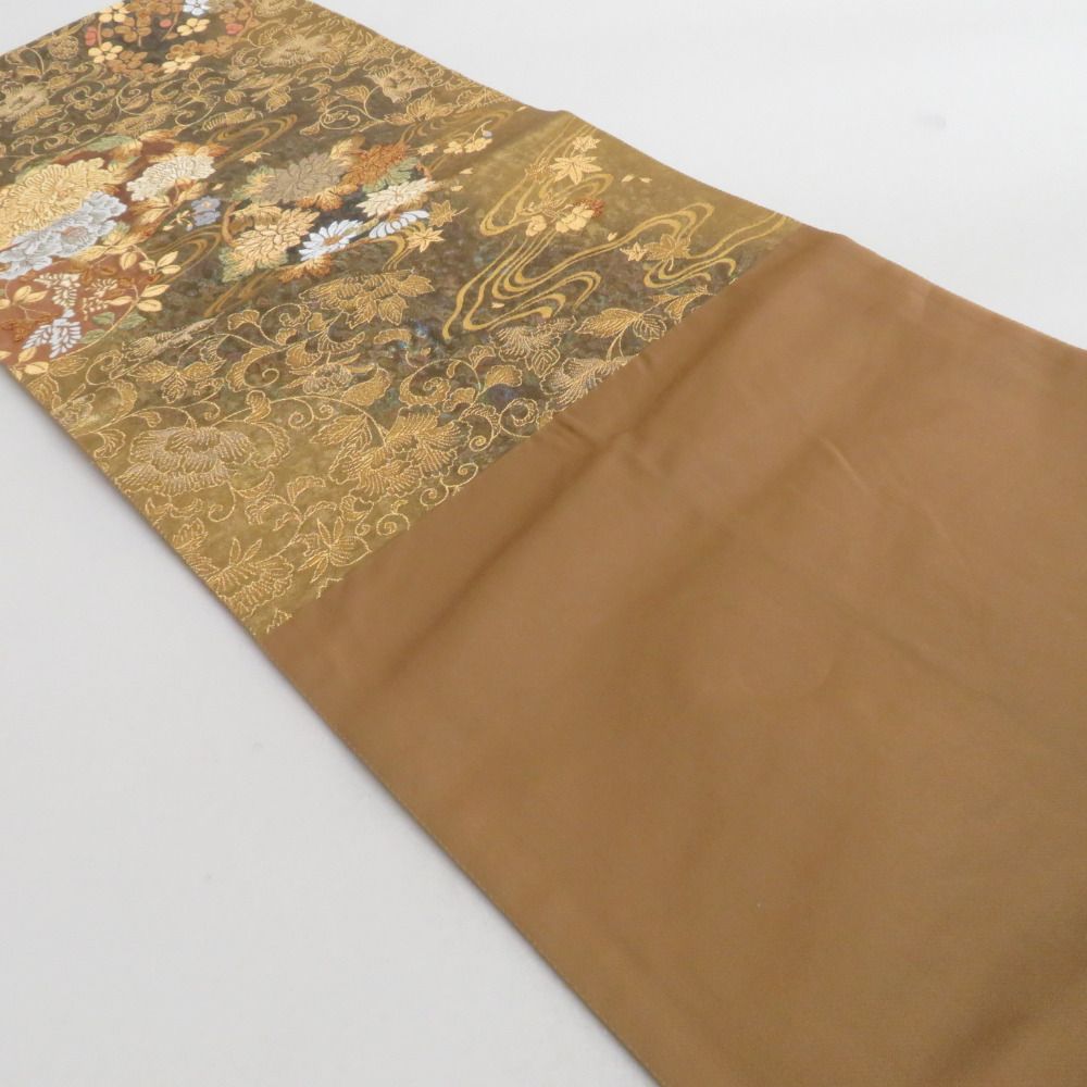 茶色の絹製袋帯 作り帯 袋帯 リサイクル帯 正絹 二重太鼓 着付け 簡単着付け 美