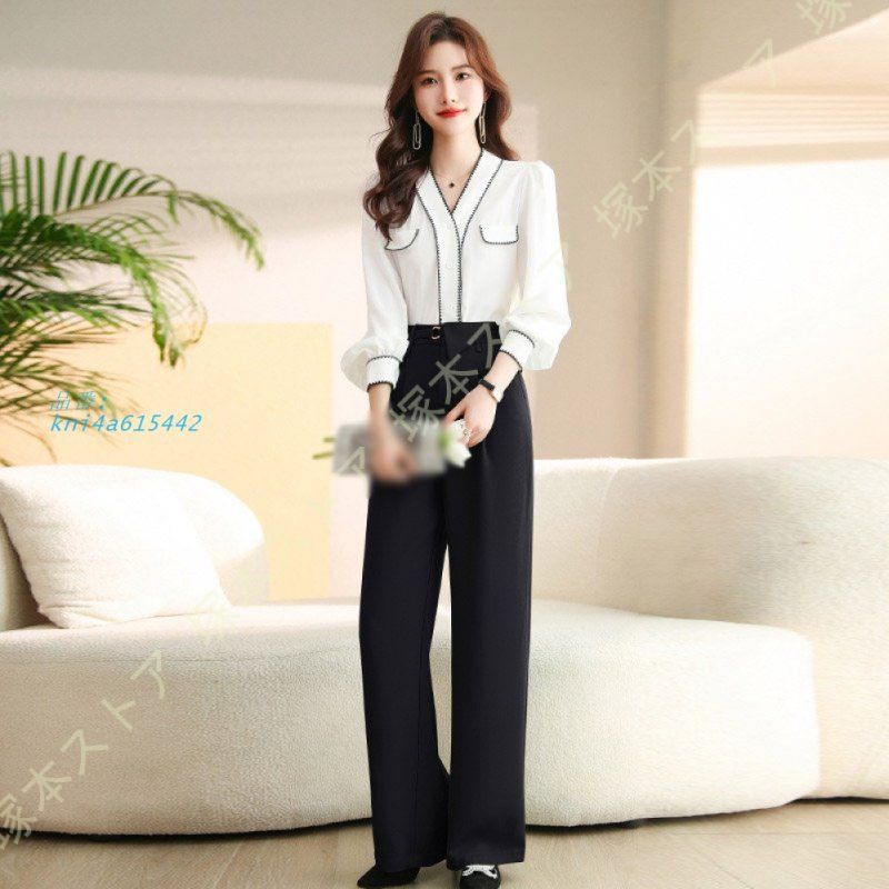 レディース セットアップ パンツスーツ パンツドレス 袖あり トップス＋ワイドパンツ ドレス シフォン シャツ 結婚式 ブラウス フォーマル ゆったり kni4a615442