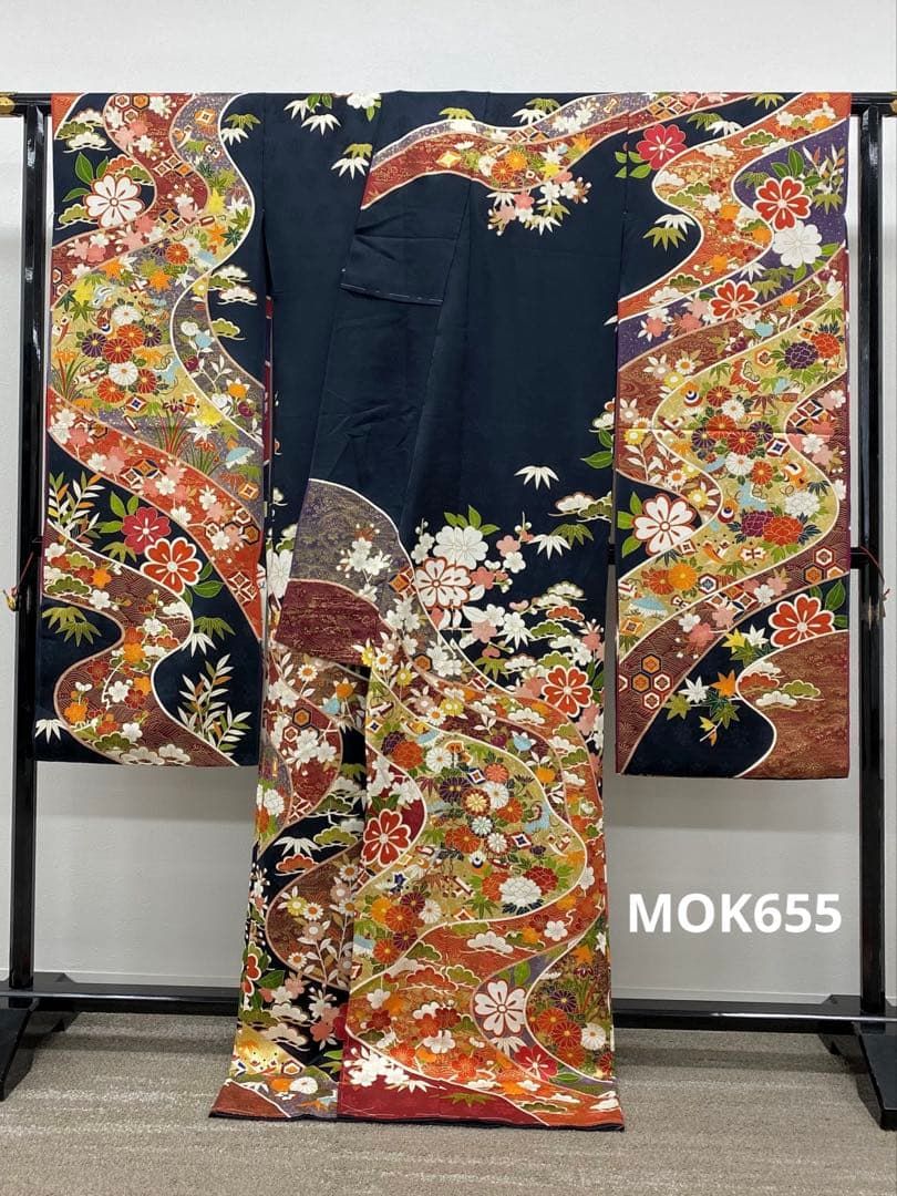 振袖 仮絵羽 青柳 刺繍 金駒 金彩 紋意匠 正絹 未仕立て品 八掛付