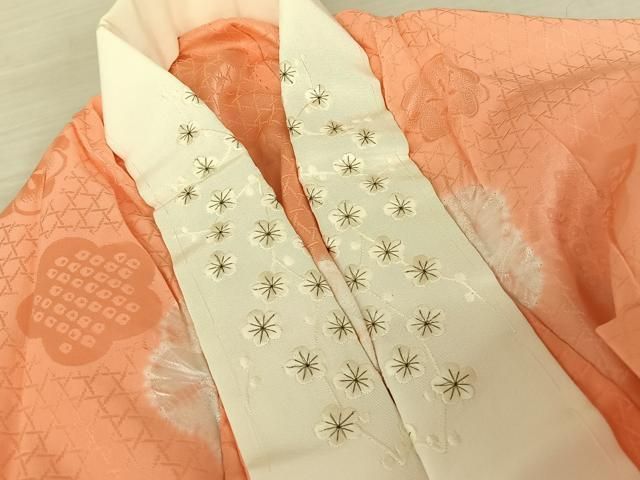 平和屋着物●振袖用長襦袢　無双仕立て　半衿刺繍　絞り　舞梅地紋　正絹　逸品　AAAT3043np 平和屋着物○振袖用長襦袢 無双仕立て 半衿刺繍 絞り 舞梅地紋