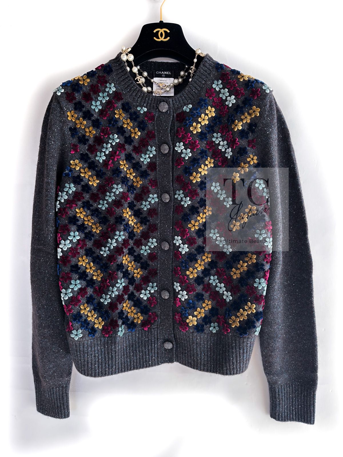 シャネル カーディガン CHANEL チャコールグレー シルク ウール