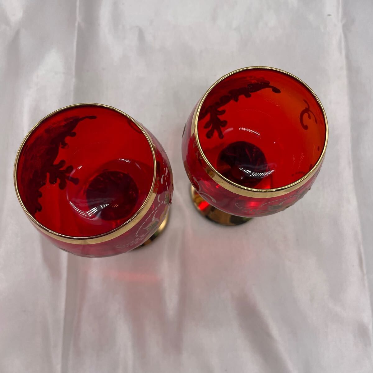 ヴェネツィアンゴブレット赤 ベネチアン グラス ペア 金彩 赤ガラス