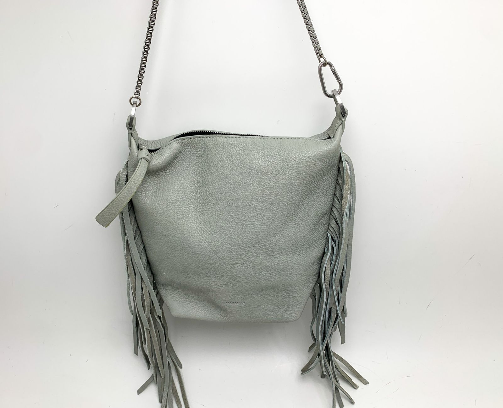 ALLSAINTS オールセインツ ライトグレー系 フリンジ レザー クロス 