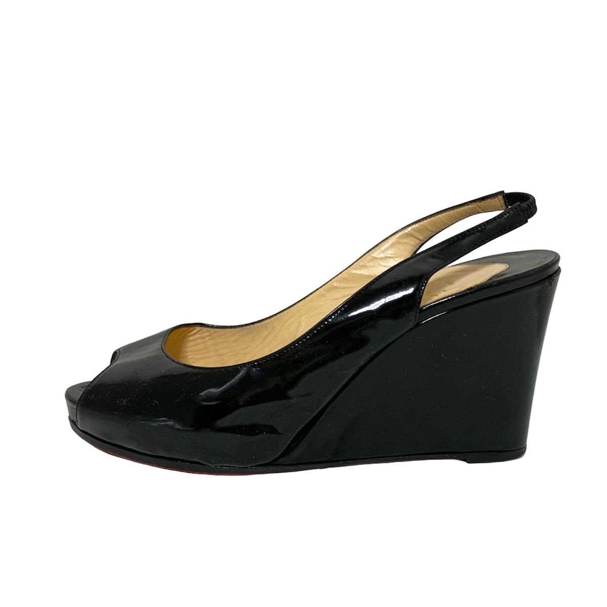 CHRISTIAN LOUBOUTIN クリスチャンルブタン サンダル 38 レディース - 黒 ウェッジソール|オープントゥ|アウトソール張替済 レザー
