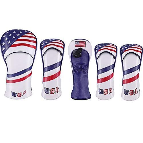 セレクトプラザ pu革 ドライバー ウッド FW 2点 ユーティリティ UT用2点 ヘッドカバー 5点セット 米国旗柄 USA Flag 変換ダグ付き
