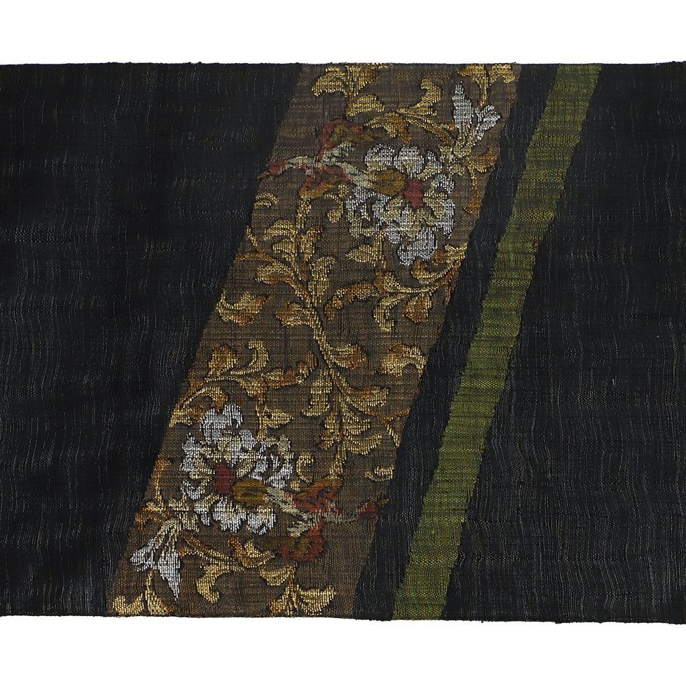 袋帯六通モール幾何学花菱花唐草25M115f 袋帯 新古品 正絹 渡文 黒地 すくい織 花唐草 鳳凰 洒落袋帯 帯