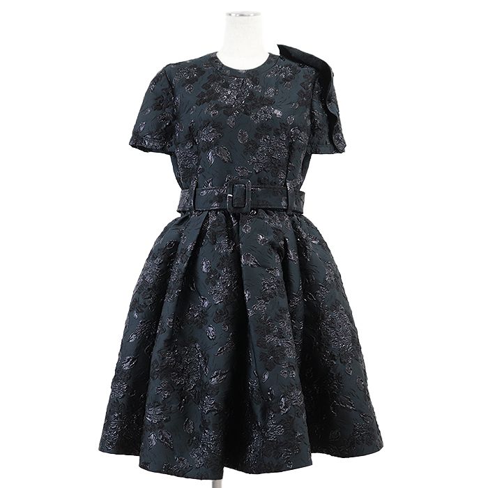 ♥ PRADA プラダ ワンピース CLOQUET BOUQUET クロケット ブーケ ベルテッド フ フラワー 花柄 メタリック ジャガード ショートスリーブ 半袖 ドレス レディース サイズ 42S ブラック系 黒系 イタリア製