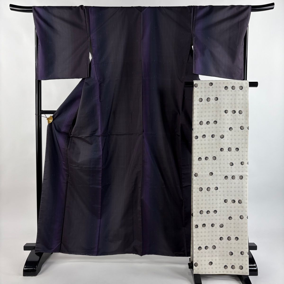 紬 身丈164cm 裄丈69cm L 袷 袋帯セット 縞 濃紫 正絹 秀品