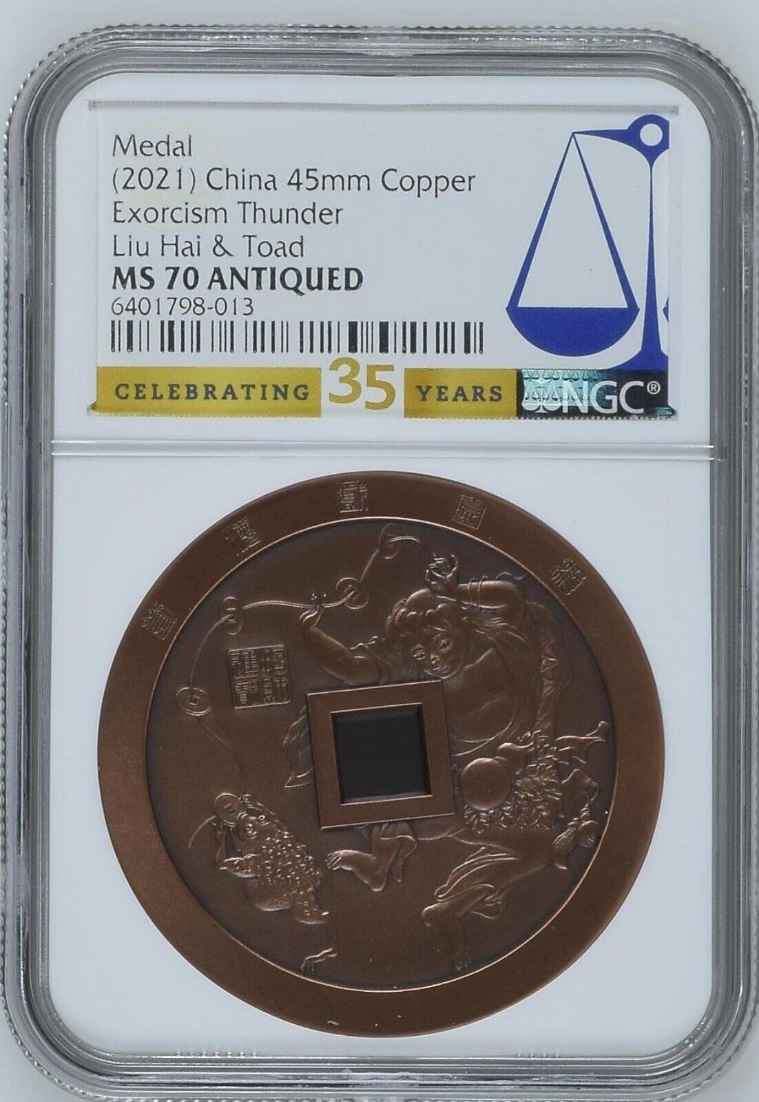 NGC MS70 China 2021 Excism Thunder-Liu Hai Toad Copper Medal 45mm
