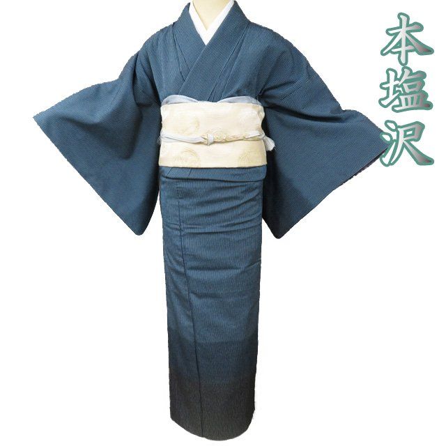 本塩沢 お召し 御召 着物 中古 正絹 袷 セミフォーマル ラベル