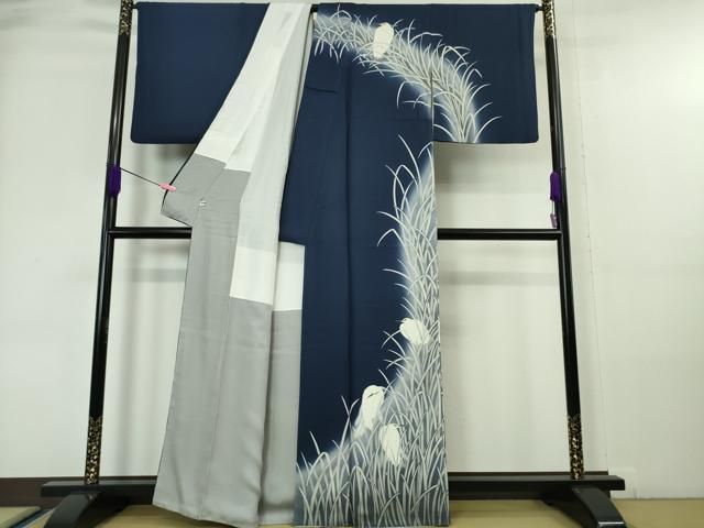 平和屋本店□極上 東京友禅 菅有鬼一 訪問着 手描き 白鷺 紺青色地 暈  