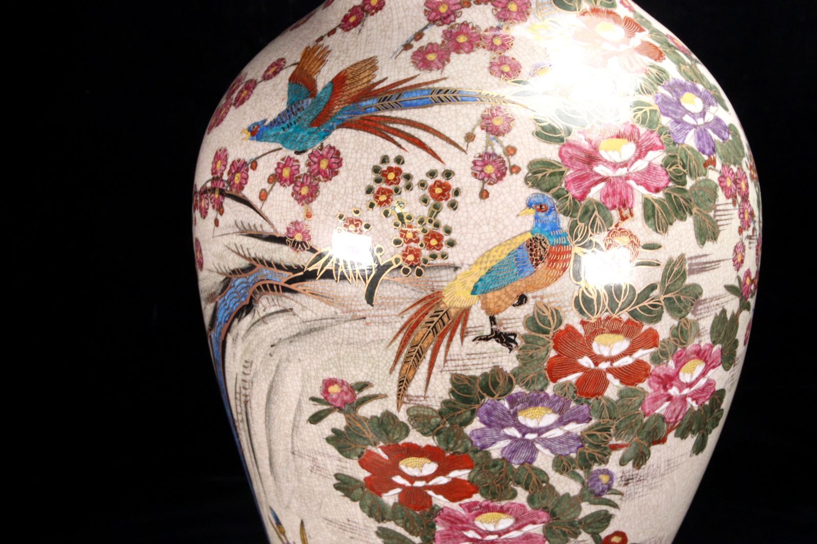 薩摩焼 水仙作 色絵金彩花鳥図大花瓶 65cm 唐物 骨董 古美術 楾