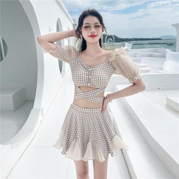 韓国 千鳥格子 水着 セパレート タンキニ リボン フリルスカート 水着 ビキニ 千鳥柄 クロスストラップ フリル リボン 韓国