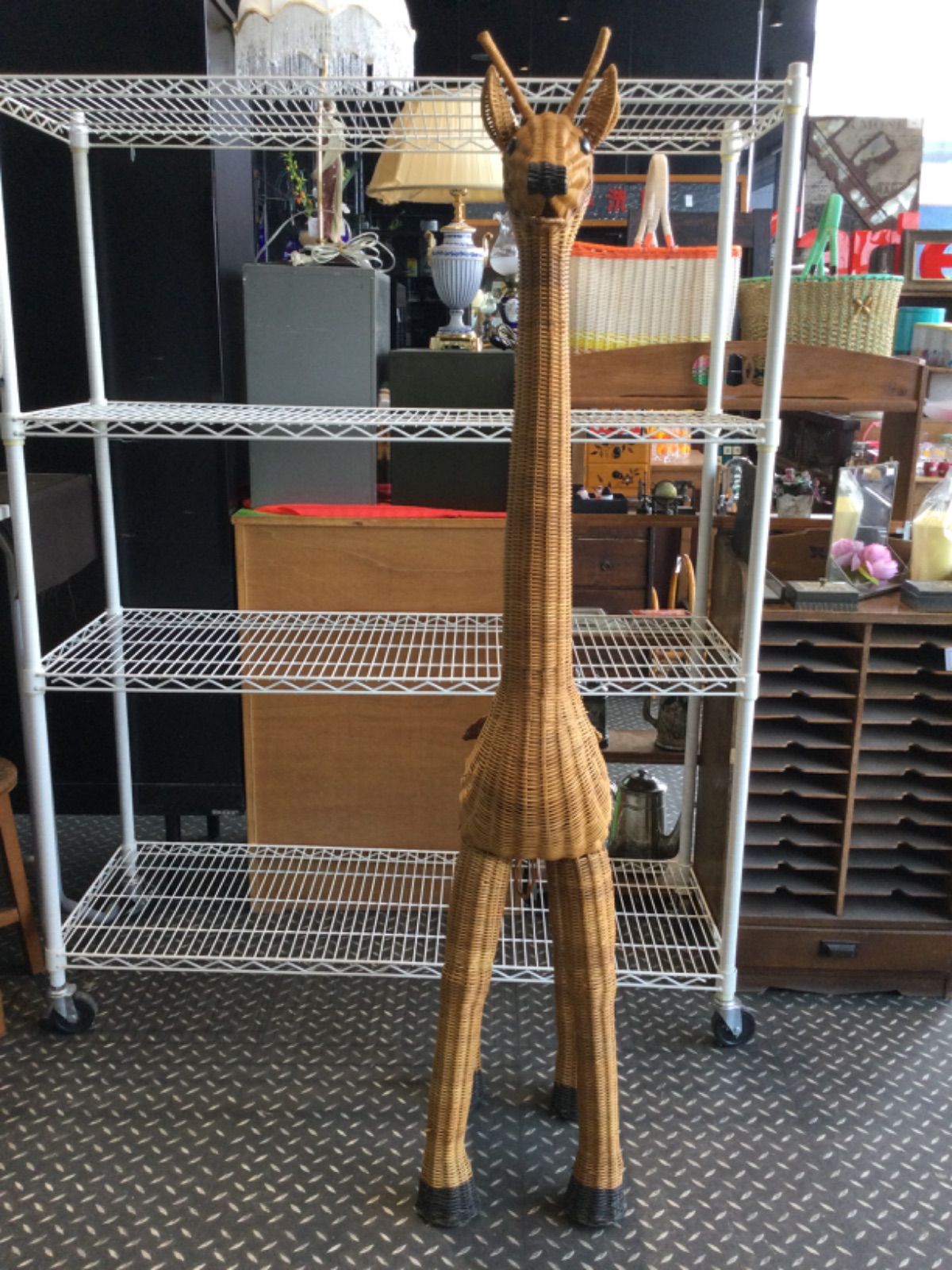 ビンテージ オールドラタン キリン オブジェ 花台 プランタースタンド