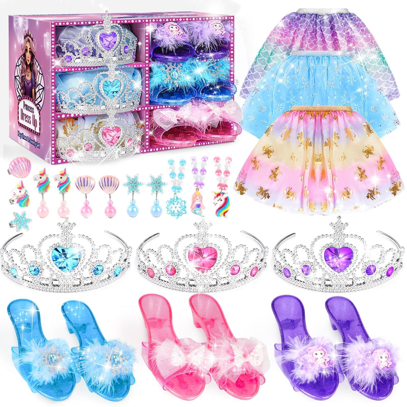 [Dreamon] プリンセス ドレス 子供 3セット 女の子 おもちゃ スカート、ネックレス、イヤリング、指輪、ハイヒール女の子 プレゼント 3 4 5 6 歳女の子誕生日プレゼント クリスマスプレゼント 