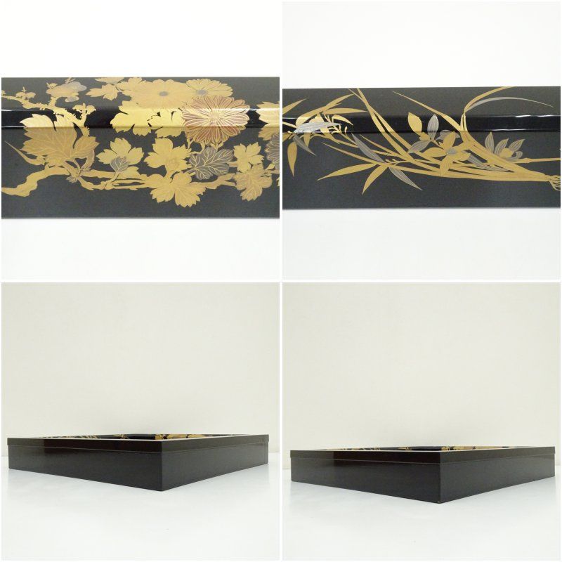茶道具　黒漆　四君子蒔絵　茶箱　茶碗　茶入など　四点一式　袱紗付　V　R7344 茶道具 黒漆 四君子蒔絵 茶箱 茶碗 茶入など 四点一式 袱紗付