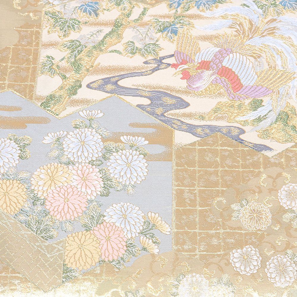H-538 袋帯 正絹 六通 高級 フォーマル 金糸 箔 鳳凰 菊 華模様