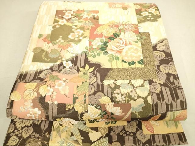 平和屋着物▽両面 六通柄袋帯 百花繚乱文 紹巴 金糸 やまと誂製