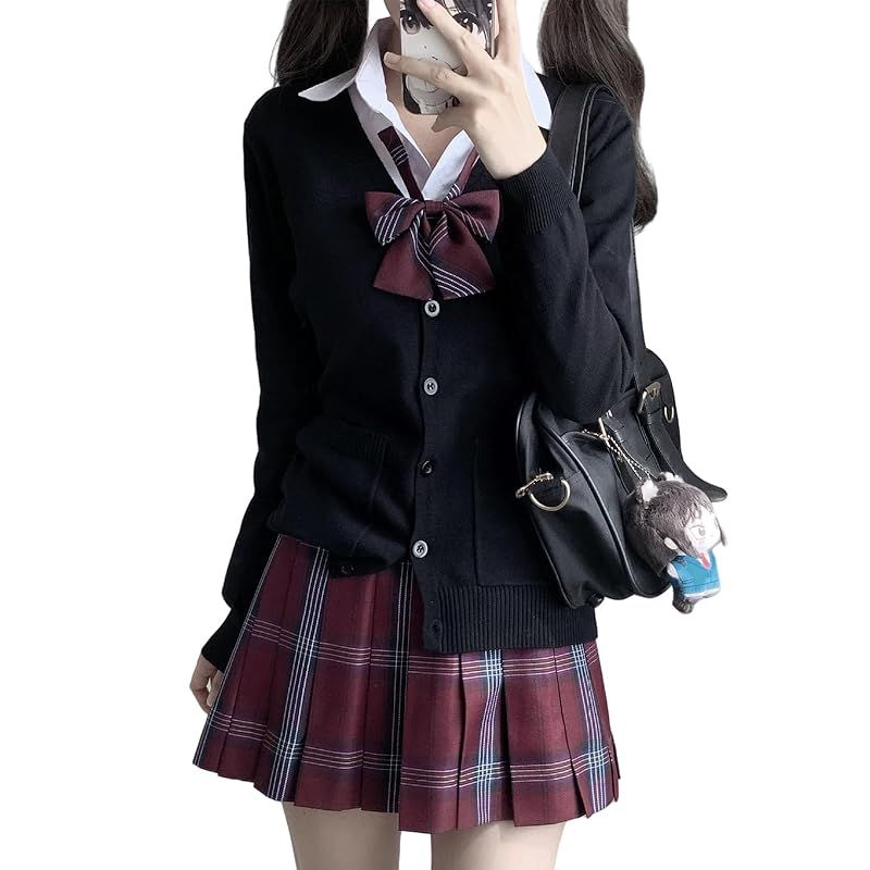 KALAOK スクールニット 女子 学生 制服 ニット Vネック 通学用 無地 高校生 ゆったり 春夏秋冬 black L 1