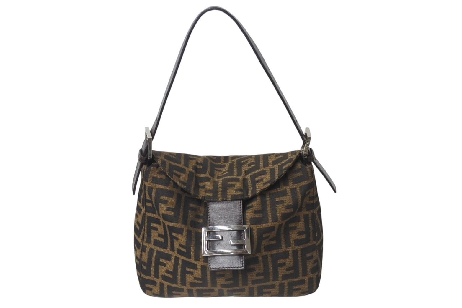 FENDI フェンディ ズッカ柄 マンマバケット ワンショルダーバッグ ブラウン キャンバス レザー シルバー金具 ロゴ 鞄 4b001001