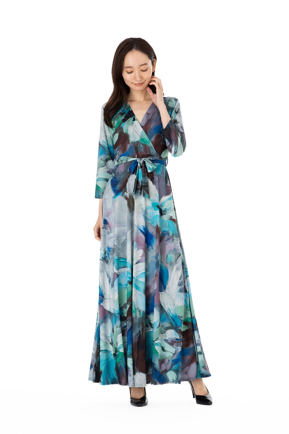 フィフィーユ ワンピース FIFILLES T1 T2 T3サイズ 七分袖 ロング丈 カシュクール 総柄 レディース ジャージー素材 大人 きれいめワンピース フランス製 エレガント 上品 春 秋 冬 マルチ
