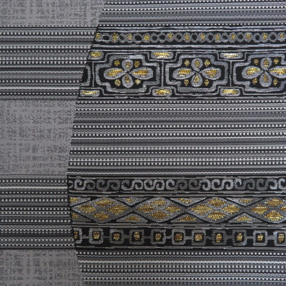 袋帯 洒落袋帯 エスニック調 幾何学模様 六通柄 ゴールドxブラックx