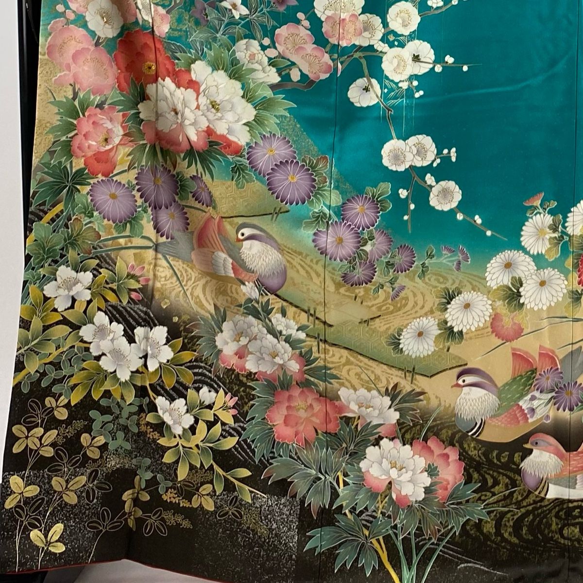 振袖 身丈168.5cm 裄丈70cm L 袷 草花 鴛鴦 金彩 刺繍 薄緑 正絹