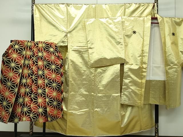 平和屋着物 上 男性 色無地 紋付き羽織 行灯袴セット キングサイズ 金 舞台衣装 成人式 洗える着物 CZAA3671s5