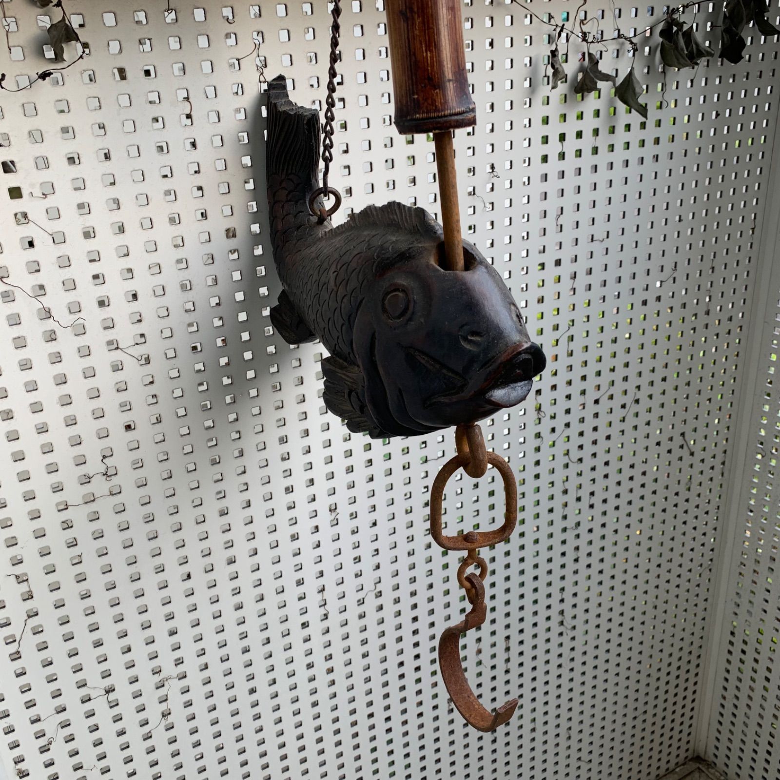 自在鉤 竹製 鉄製 魚横木 鯛 古民具 囲炉裏 レトロ ヴィンテージ