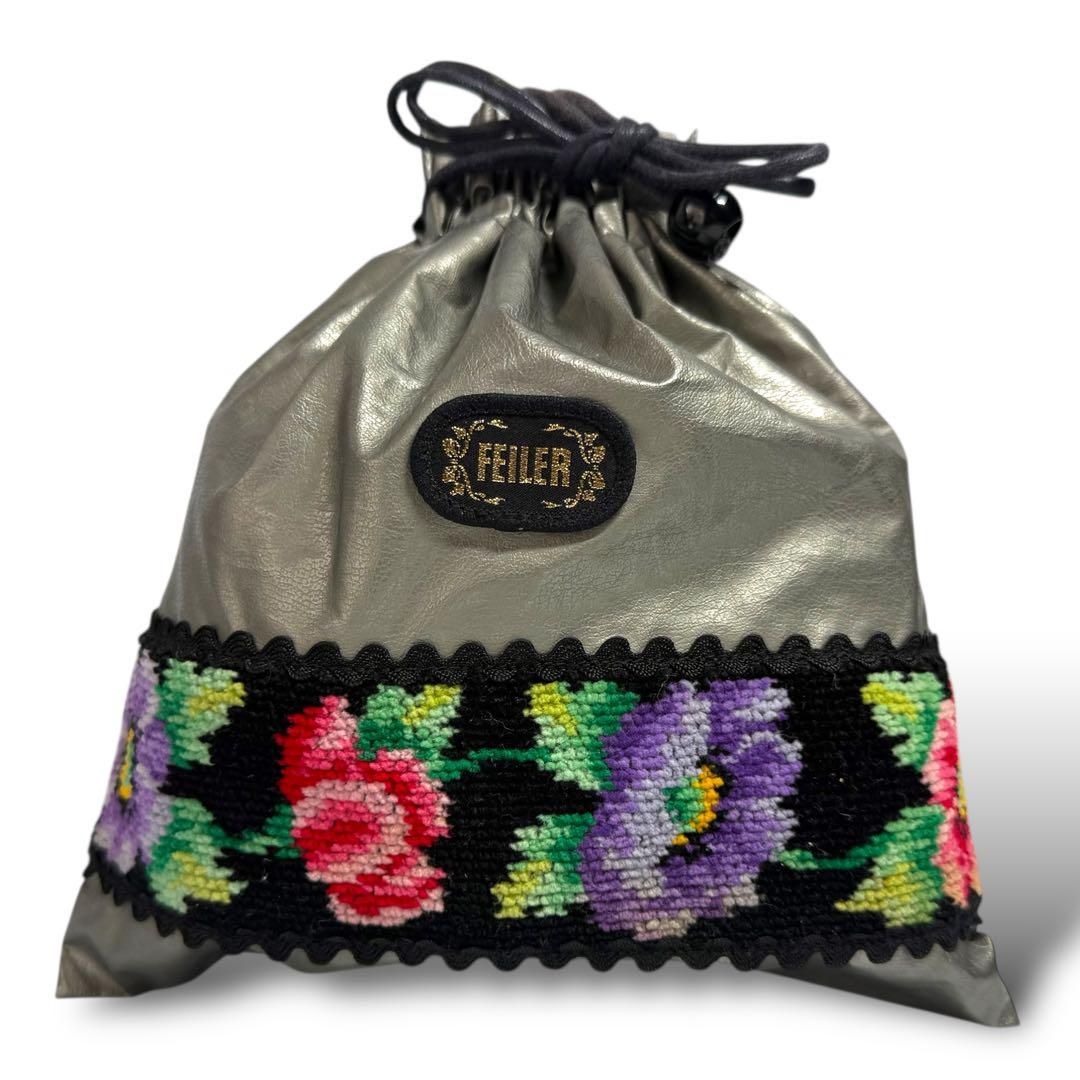 大人気】 フェイラー FEILER 巾着 ポーチ ミニバッグ 総柄 紺 ネイビー