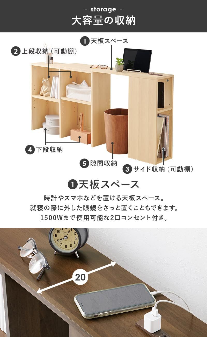 薄型 収納 1500W スライド 宮棚 2口 棚 コンセント S-Qサイズまで対応 伸縮 ホワイト 後付け ヘッドボード VKH-7709WH 萩原