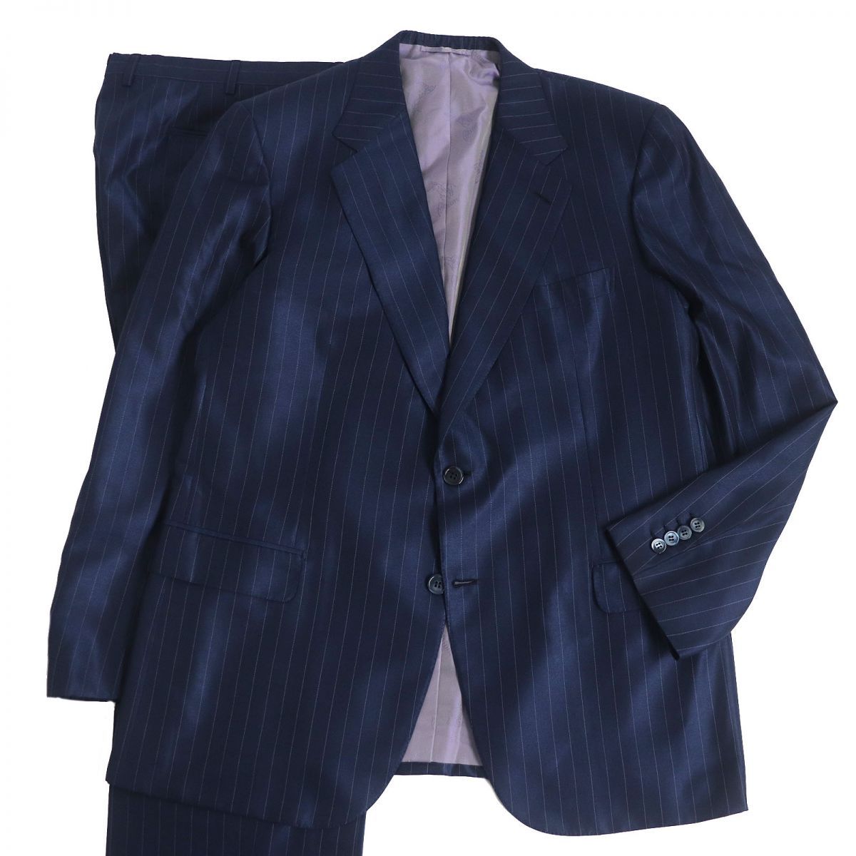 美品□Brioni/ブリオーニ ストライプ柄 シルク×ウール シングルスーツ ブレザー/スラックス 上下セットアップ ネイビー 44R/XL相当 伊製