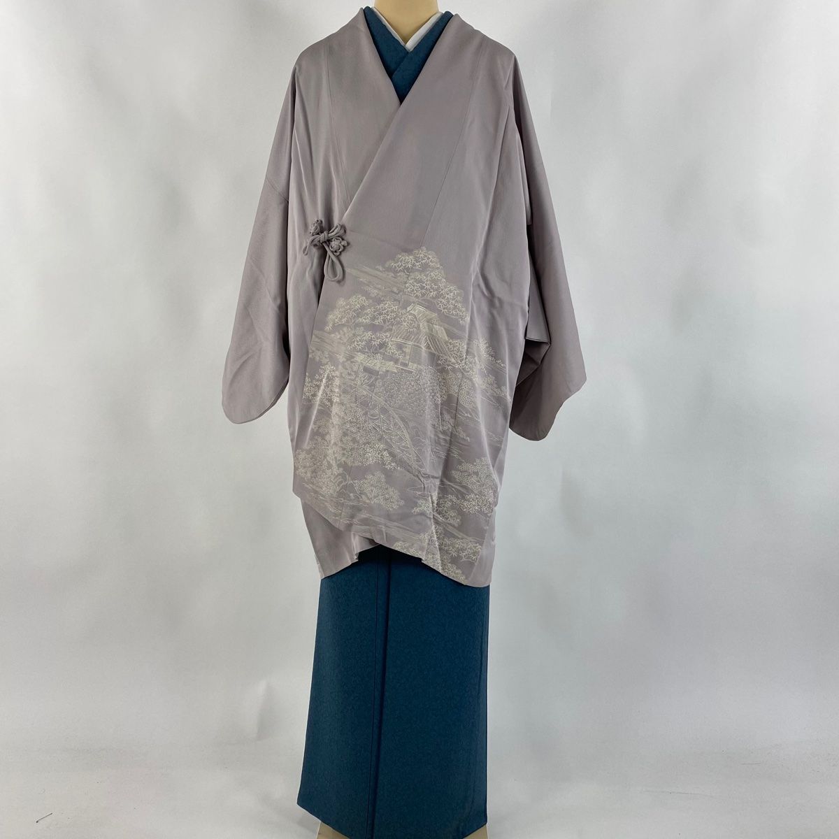 道中着 身丈95cm 裄丈66cm M 和装コート 家屋 風景 灰紫 正絹 秀品
