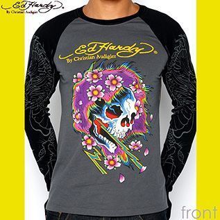 エドハーディー メンズ マルチプリント ゴースト ラグラン袖 長袖 ロンT グレー×ブラック 新品 送料無料