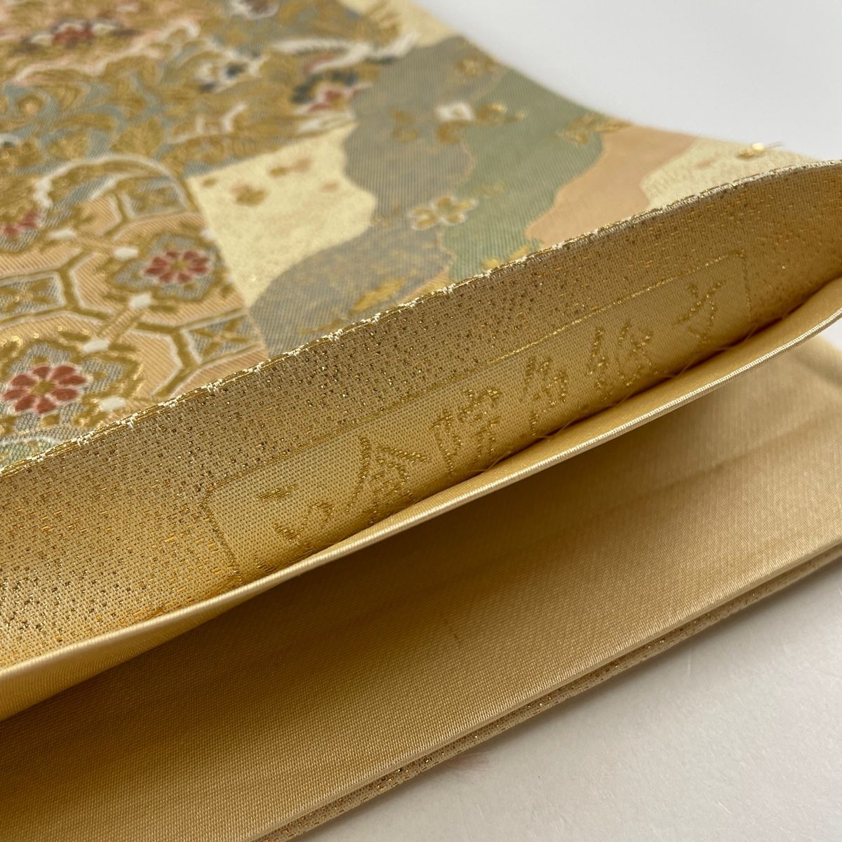 袋帯 秀品 関西仕立て 色紙 花鳥 金糸 箔 金色 六通 正絹 【中古