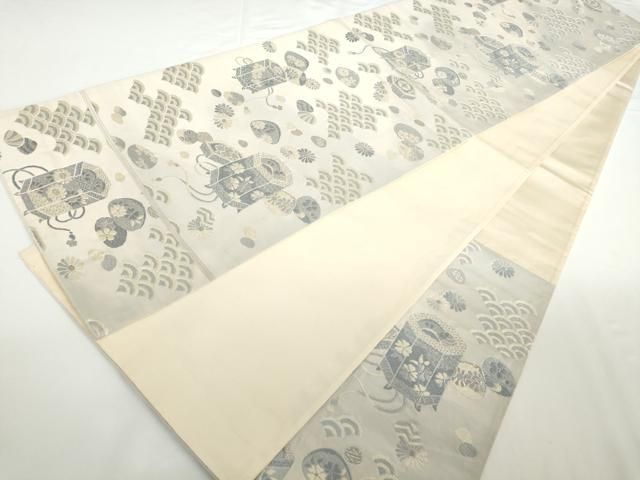 平和屋着物◎六通柄袋帯 唐織 貝桶花文 銀糸 正絹 逸品