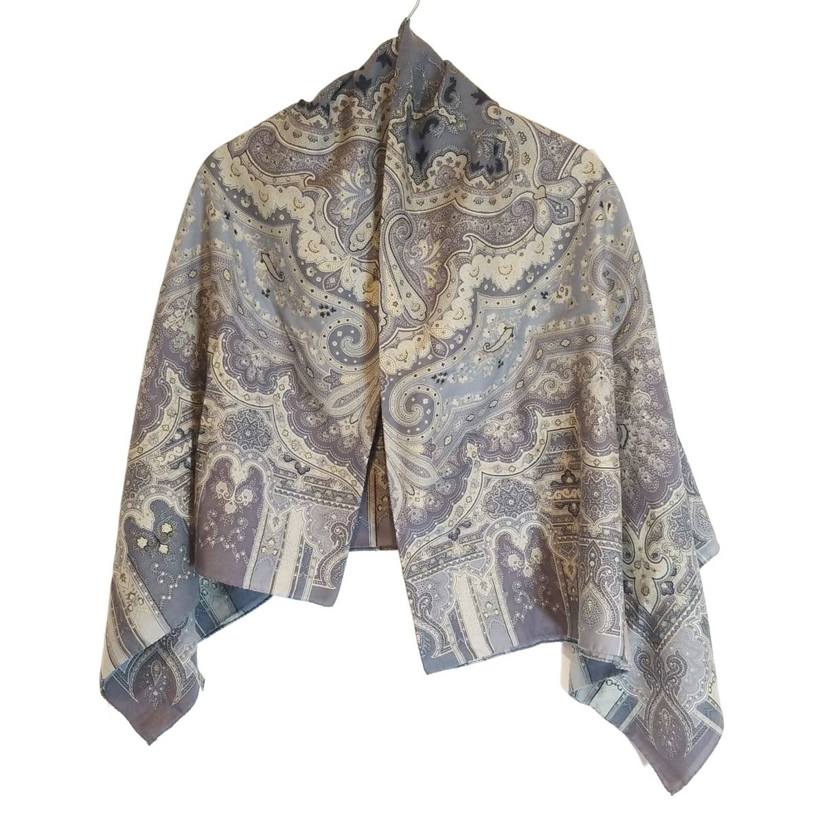 エトロ ペイズリー柄ウール×シルクストール グレー ブルー系 ETRO(エトロ) ストール(ショール)美品 グレー×ベージュ×黒
