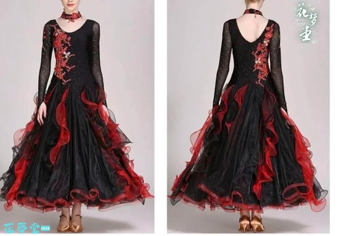25年新作 新品未使用社交ダンス 大きい裾 赤黒 豪華競技着