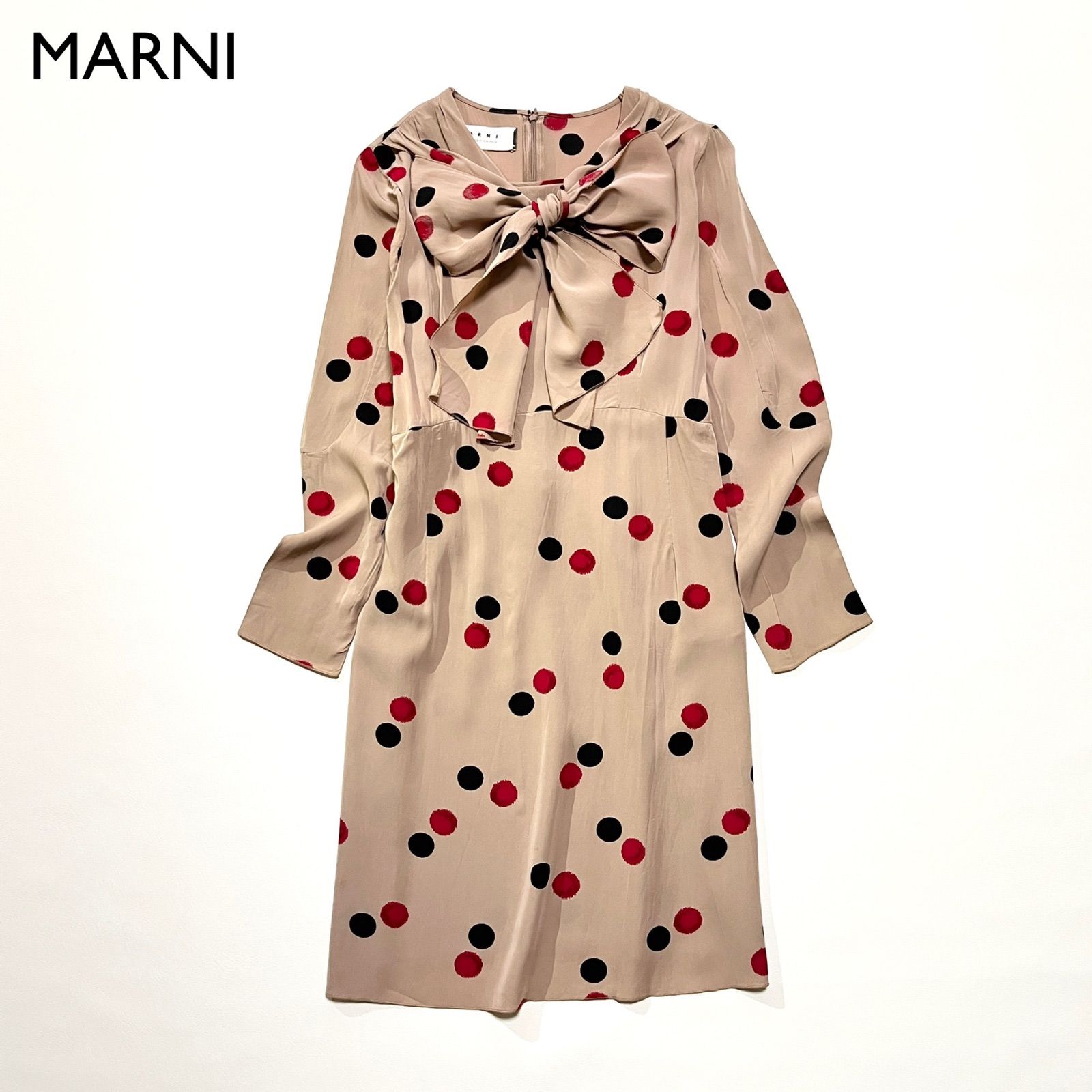 cD107 MARNI ポケット付きドット柄ボウタイシャツワンピース 膝丈ワンピース マルニ