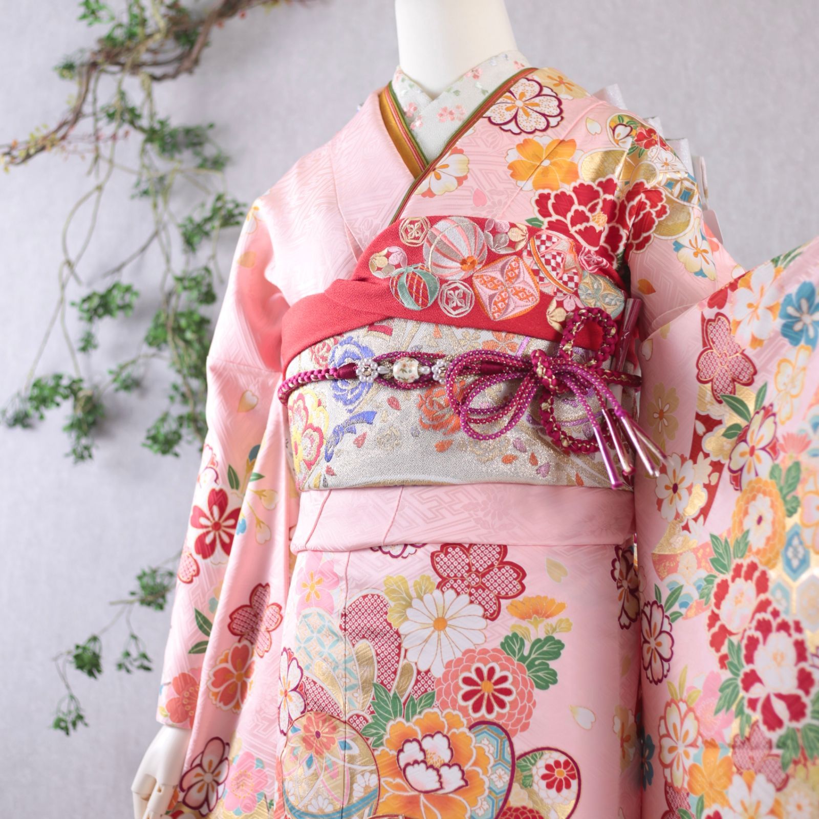 美品！振袖フルセット　ペールピンク　淡い花　　　　　　　成人式 振袖 レンタル 成人式 21点セット レトロ 成人式セット 花 ピンク系