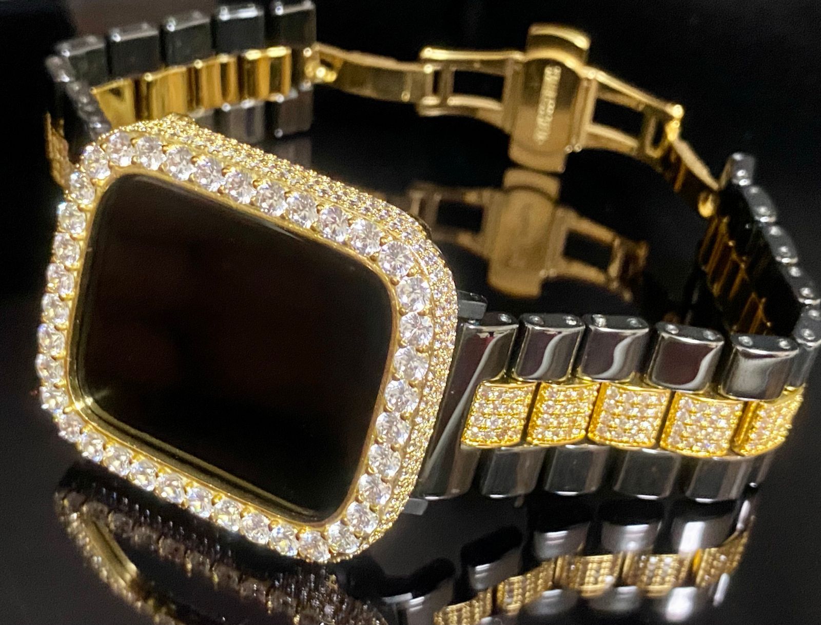 大粒×ゴールドブラック AppleWatchカバー ケース キラキラ pave- ホワイトセラミックランウェイ セラミックバンド ベルト 45mm 44mm 42mm 41mm 40mm 38mm