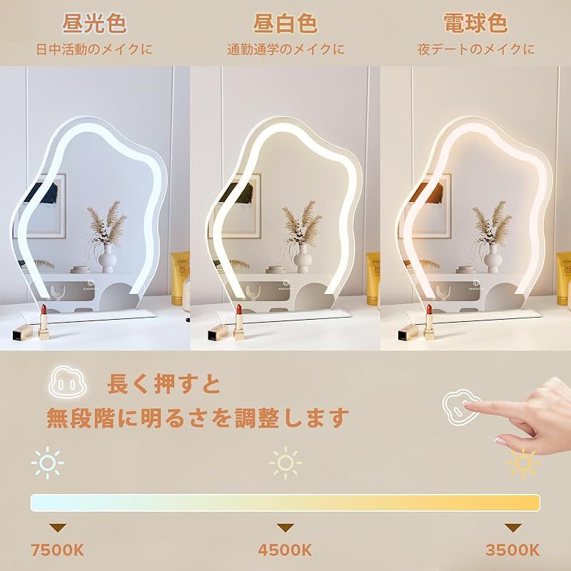 FENCHILIN 女優ミラー ハリウッドミラー 鏡 ライト付き 卓上 壁掛け 両用 ウェーブミラー 卓上ミラー 壁掛けミラー 化粧鏡 led ミラー 女優鏡 三色照明モード 無段階調光 10倍拡大鏡付き くも型 39.7×49.6CM 1