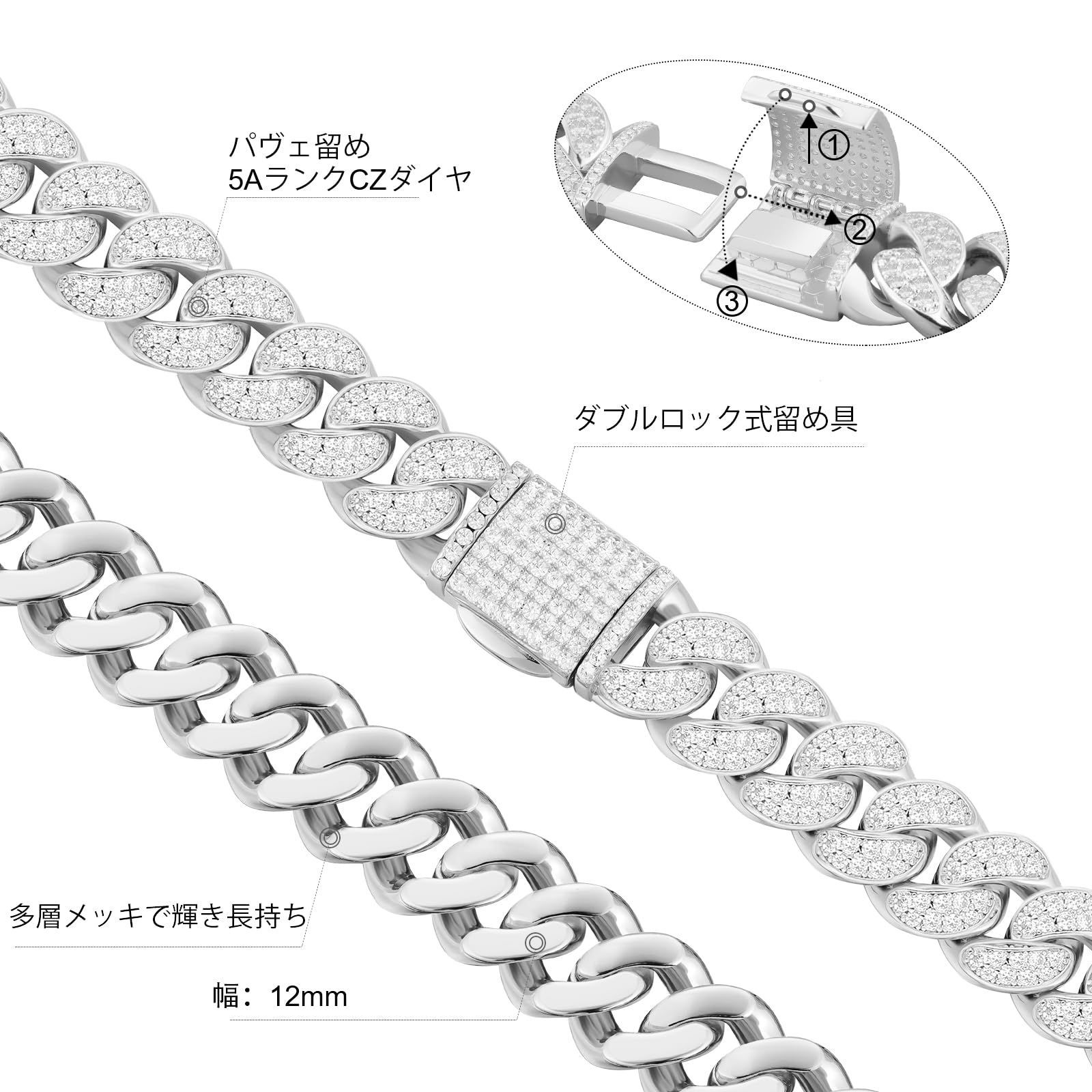 数量 キューバンチェーン 12 18mm 14K金メッキ マイアミ CZダイヤ 太目 ジルコニア メンズネックレス チョーカー 喜平ネックレス ヒップホップ ダンサー KRKC-CO ラッパー アクセ
