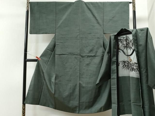 平和屋着物●男性 紬 アンサンブル 色無地 柳煤竹色 正絹 CAAS7272yc