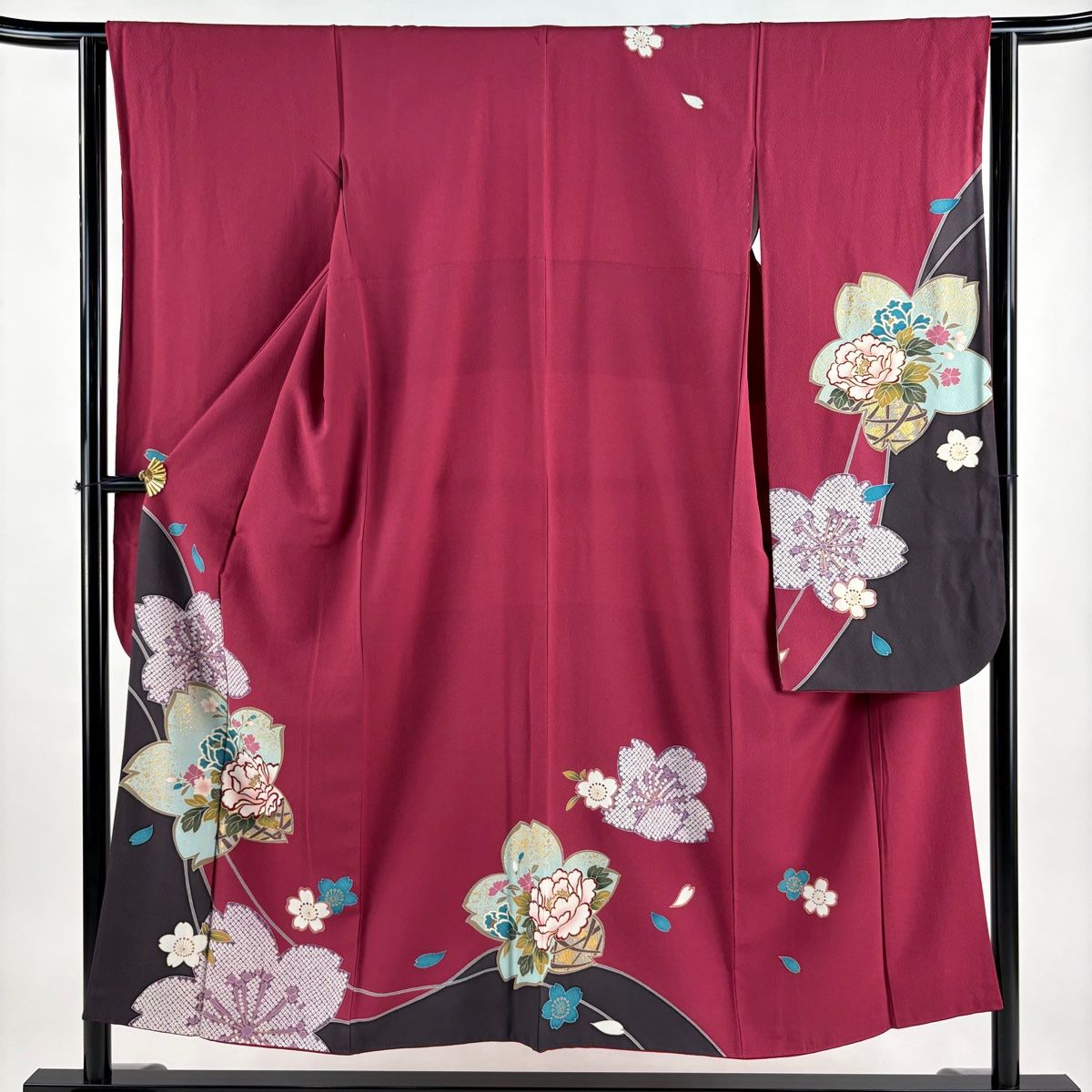 振袖 身丈151cm 裄丈63cm S 袷 牡丹 桜 金彩 ぼかし 濃ピンク 正絹 名品