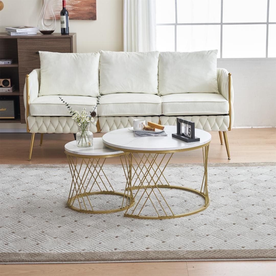 センターテーブルローテーブル 入れ子式天板大理石調2個セットサイド