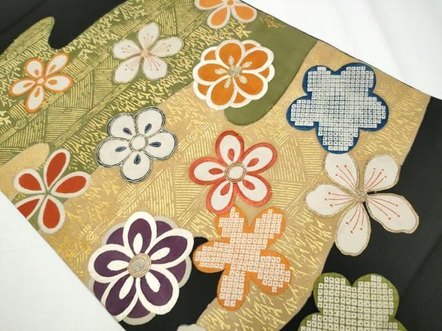 平和屋着物 アンティーク 大正ロマン 丸帯 引き抜き帯 駒刺繍 舞花文 金彩 正絹 CAAY2732hy
