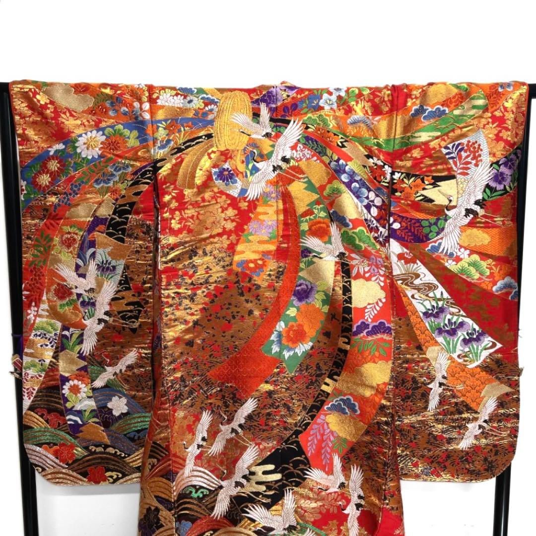 作家もの色打掛白鶴熨斗彩波文唐織花松桜着物043a d ③